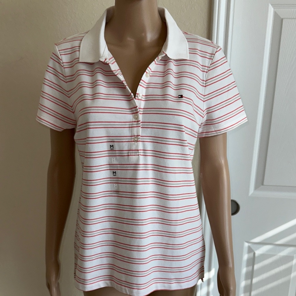 Tommy Hilfiger Women's Button Down Shirt - White with Red and gray Stripes.